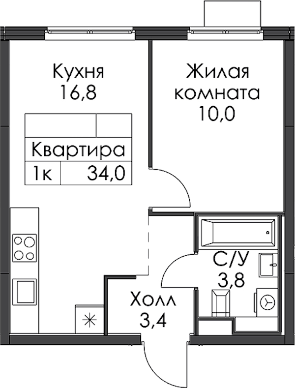 1-комнатная квартира 34 м², 2/15 эт., ЖК «Заречный парк»